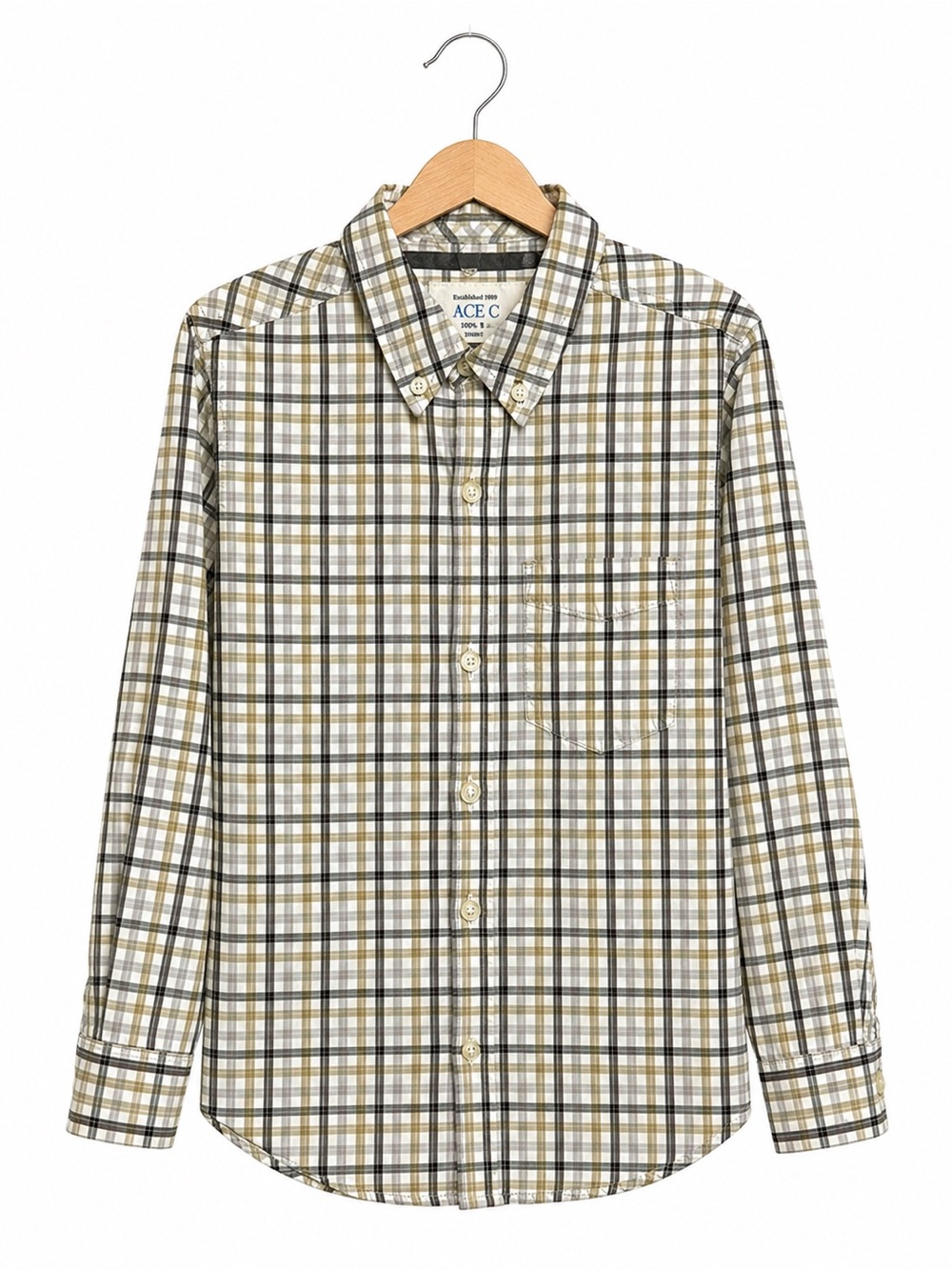 The Children's Place Boys Plaid Button Down Shirt Tan Brown Cotton Size 5/6